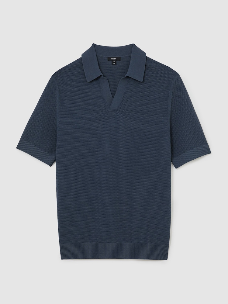 Reiss Steel Blue Leon Cotton-Blend Basket-Stitch Open-Collar Polo Shirt - Image 2 of 6 Reiss Steel Blue Leon Cotton-Blend Basket-Stitch Open-Collar Polo Shirt - Image 2 of 6