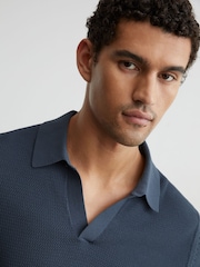 Reiss Steel Blue Leon Cotton-Blend Basket-Stitch Open-Collar Polo Shirt - Image 3 of 6