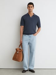Reiss Steel Blue Leon Cotton-Blend Basket-Stitch Open-Collar Polo Shirt - Image 4 of 6