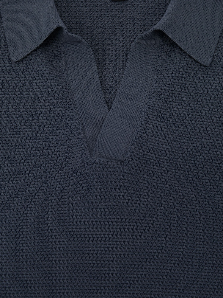 Reiss Steel Blue Leon Cotton-Blend Basket-Stitch Open-Collar Polo Shirt - Image 6 of 6 Reiss Steel Blue Leon Cotton-Blend Basket-Stitch Open-Collar Polo Shirt - Image 6 of 6