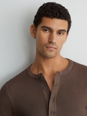Reiss Chocolate Brown Declan Ribbed Long-Sleeve Henley Top - Image 1 of 6