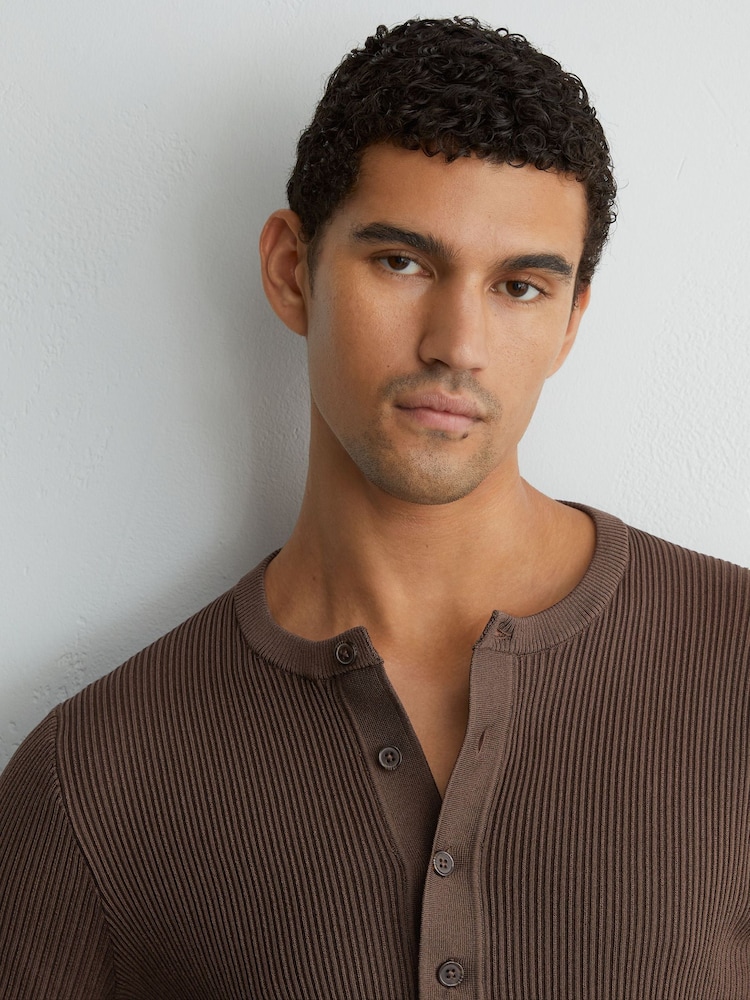 Reiss Chocolate Brown Declan Ribbed Long-Sleeve Henley Top - Image 1 of 6 Reiss Chocolate Brown Declan Ribbed Long-Sleeve Henley Top - Image 1 of 6