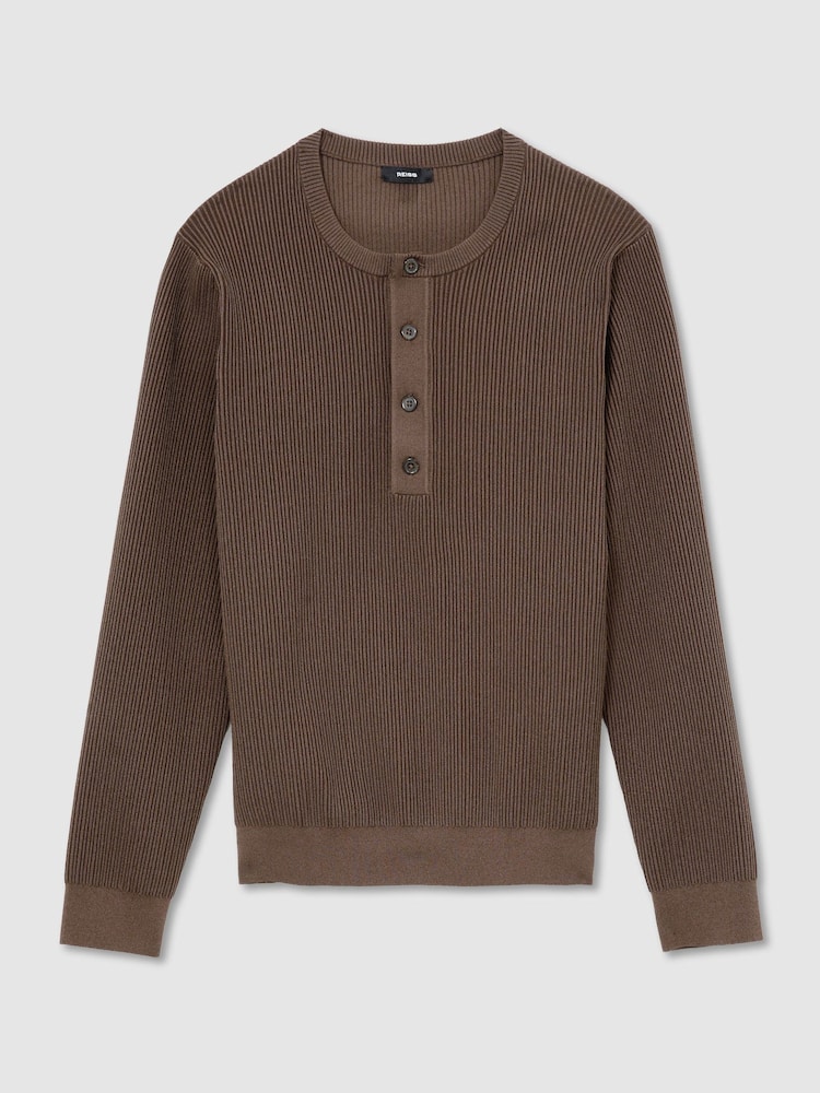 Reiss Chocolate Brown Declan Ribbed Long-Sleeve Henley Top - Image 2 of 6 Reiss Chocolate Brown Declan Ribbed Long-Sleeve Henley Top - Image 2 of 6