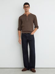 Reiss Chocolate Brown Declan Ribbed Long-Sleeve Henley Top - Image 3 of 6