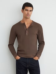 Reiss Chocolate Brown Declan Ribbed Long-Sleeve Henley Top - Image 4 of 6