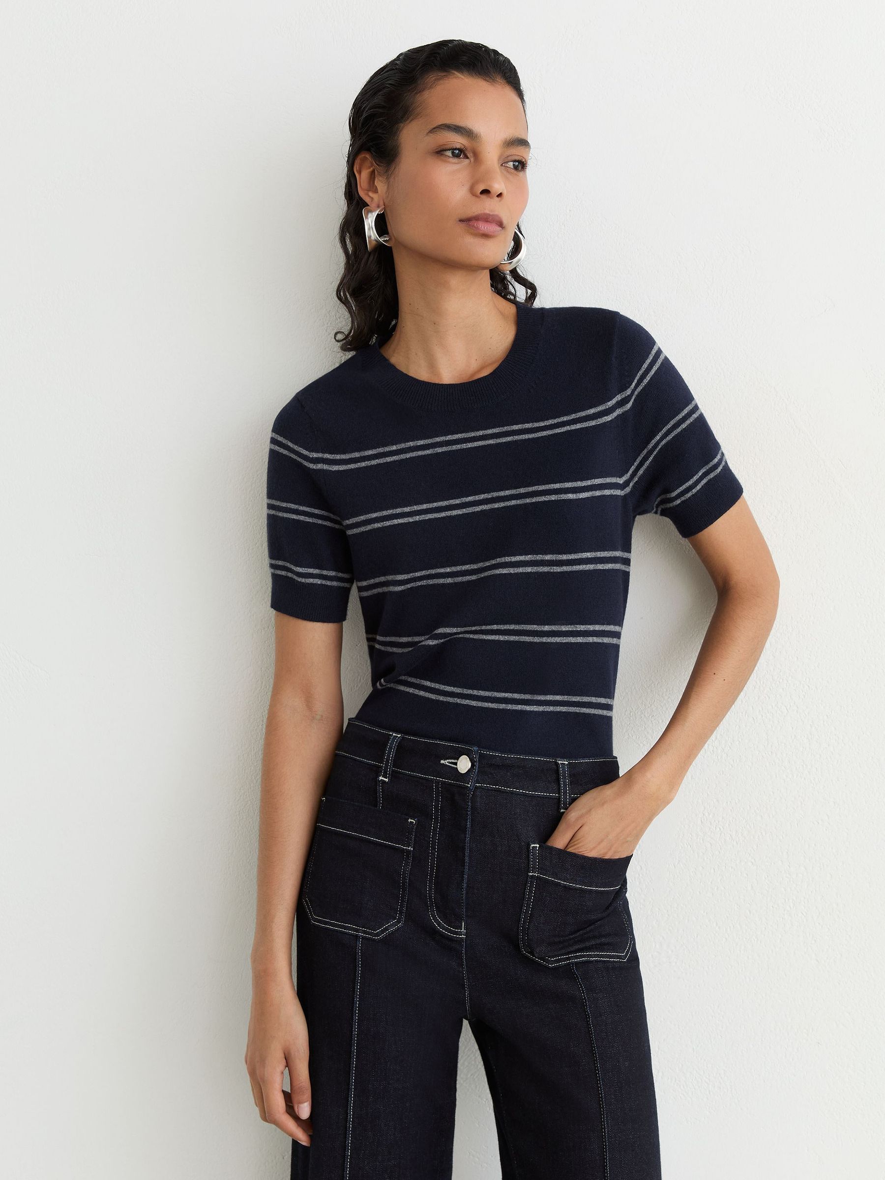 Reiss Navy/grey Wool-blend Striped Knit Top With Cashmere