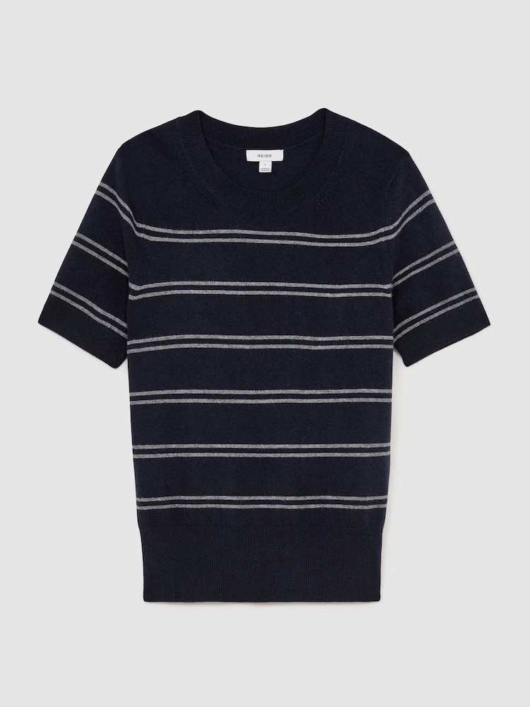 Reiss Navy/Grey Sabrina Wool-Blend Striped Knit Top with Cashmere - Image 2 of 5 Reiss Navy/Grey Sabrina Wool-Blend Striped Knit Top with Cashmere - Image 2 of 5
