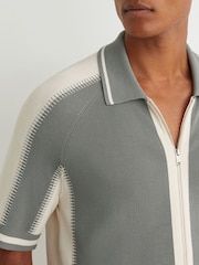 Reiss Sage Green/Ecru Kenley Colour-Block Zip-Through Knit Shirt - Image 1 of 6