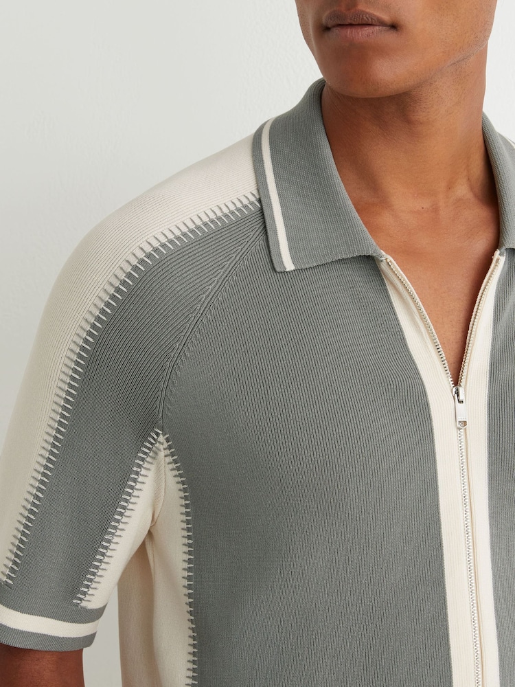 Reiss Sage Green/Ecru Kenley Colour-Block Zip-Through Knit Shirt - Image 1 of 6