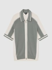 Reiss Sage Green/Ecru Kenley Colour-Block Zip-Through Knit Shirt - Image 2 of 6