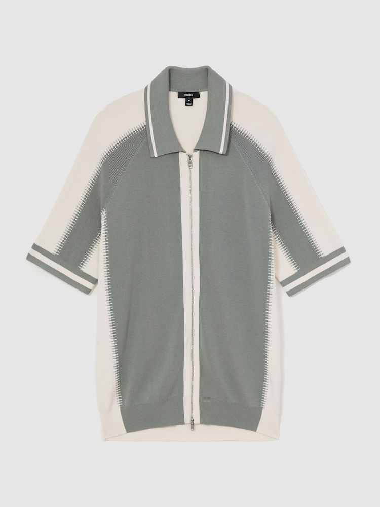 Reiss Sage Green/Ecru Kenley Colour-Block Zip-Through Knit Shirt - Image 2 of 6