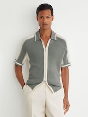 Reiss Sage Green/Ecru Kenley Colour-Block Zip-Through Knit Shirt - Image 3 of 6