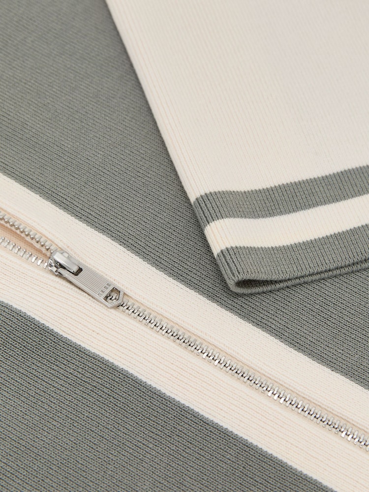Reiss Sage Green/Ecru Kenley Colour-Block Zip-Through Knit Shirt - Image 6 of 6