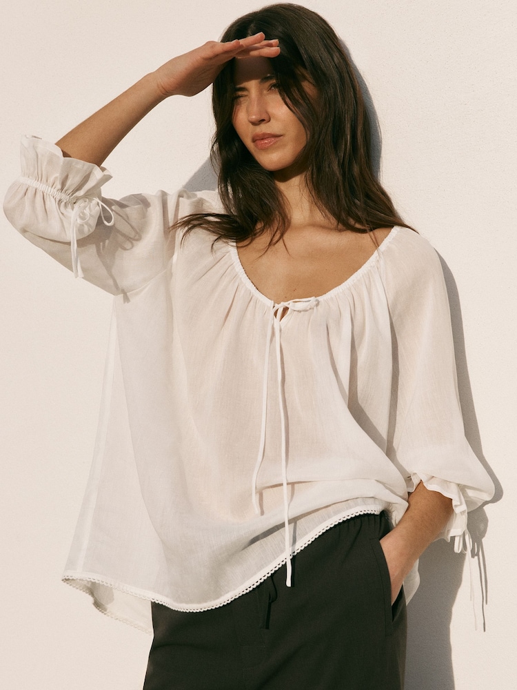 BHOEM Ecru Lace Trim Scoop Neck Blouse - Image 1 of 5