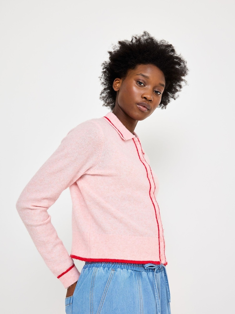 Oliver Bonas Pink Light Collared Knitted Cardigan - Image 1 of 8