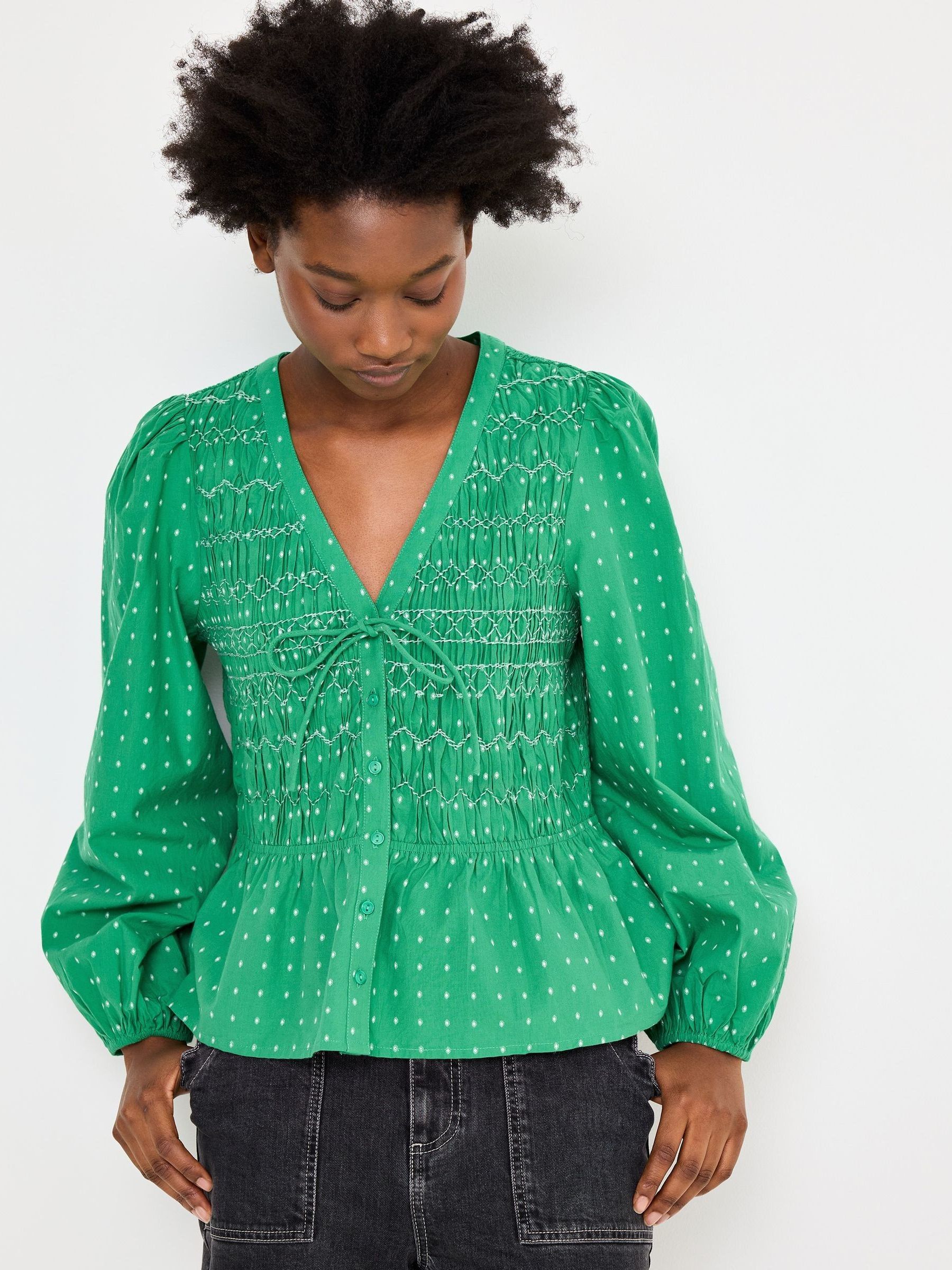 Buy Oliver Bonas Green Dobby V-Neck Shirred Peplum Blouse from the