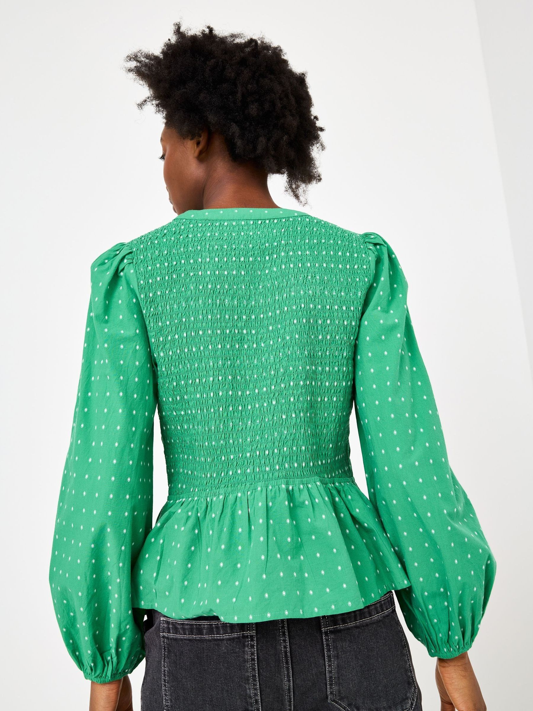 Buy Oliver Bonas Green Dobby V-Neck Shirred Peplum Blouse from