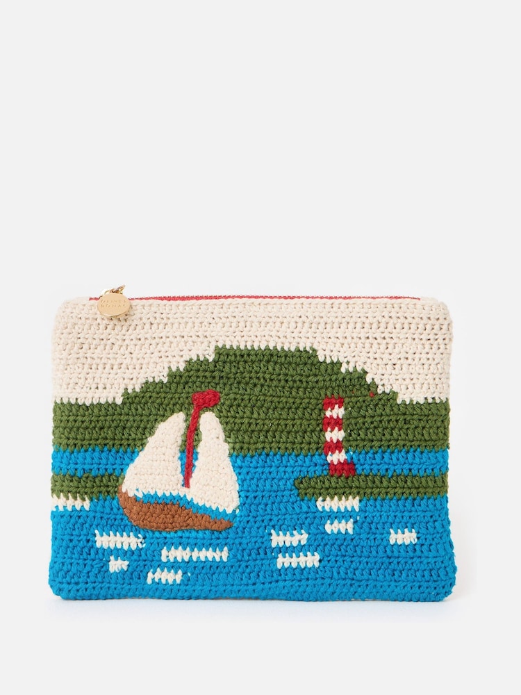 Oliver Bonas Blue Boating Scene Knitted Zipped Pouch - Image 1 of 6