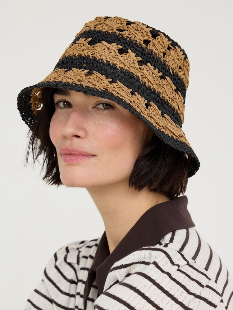 Oliver Bonas Striped Crochet Straw Bucket Hat - 圖片 4/4