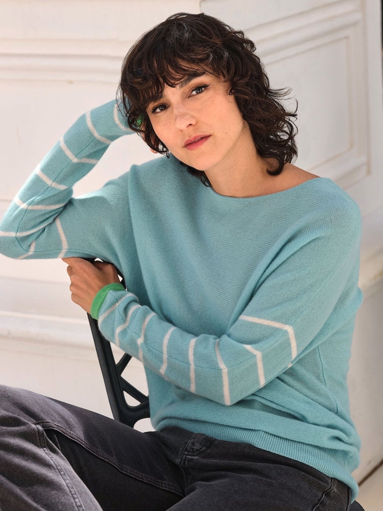 Pure Collection Blue Cashmere Gassato Stripe Sleeve Crew Neck Jumper - Image 4 of 4