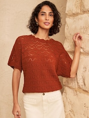 Love & Roses Rust Orange Crochet Scallop Detail Knitted Batwing Top - Image 1 of 4
