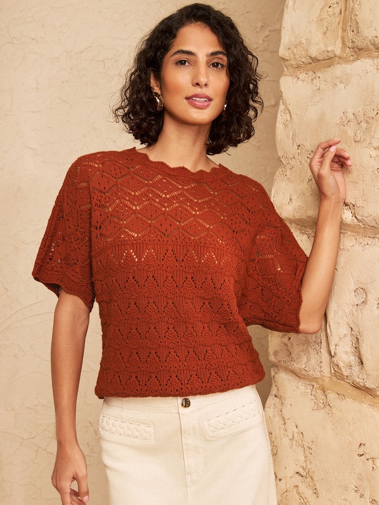 Love & Roses Rust Orange Crochet Scallop Detail Knitted Batwing Top - Image 1 of 4