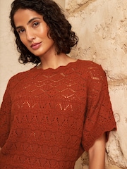 Love & Roses Rust Orange Crochet Scallop Detail Knitted Batwing Top - Image 2 of 4
