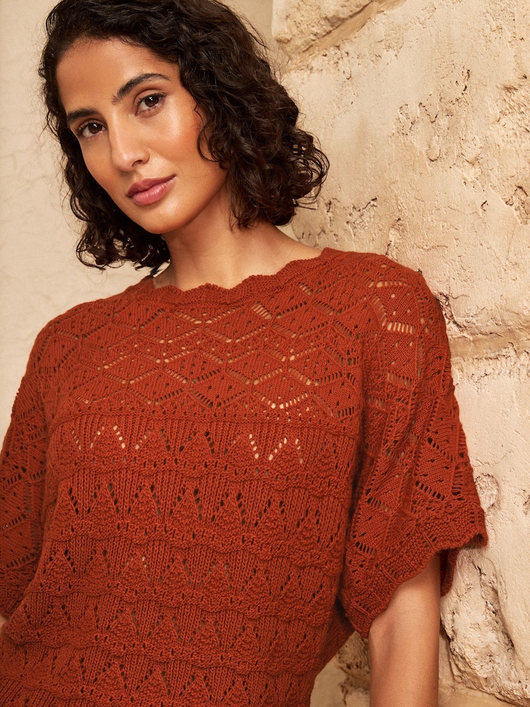 Love & Roses Rust Orange Crochet Scallop Detail Knitted Batwing Top - Image 2 of 4