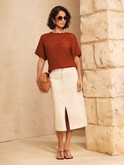 Love & Roses Rust Orange Crochet Scallop Detail Knitted Batwing Top - Image 3 of 4
