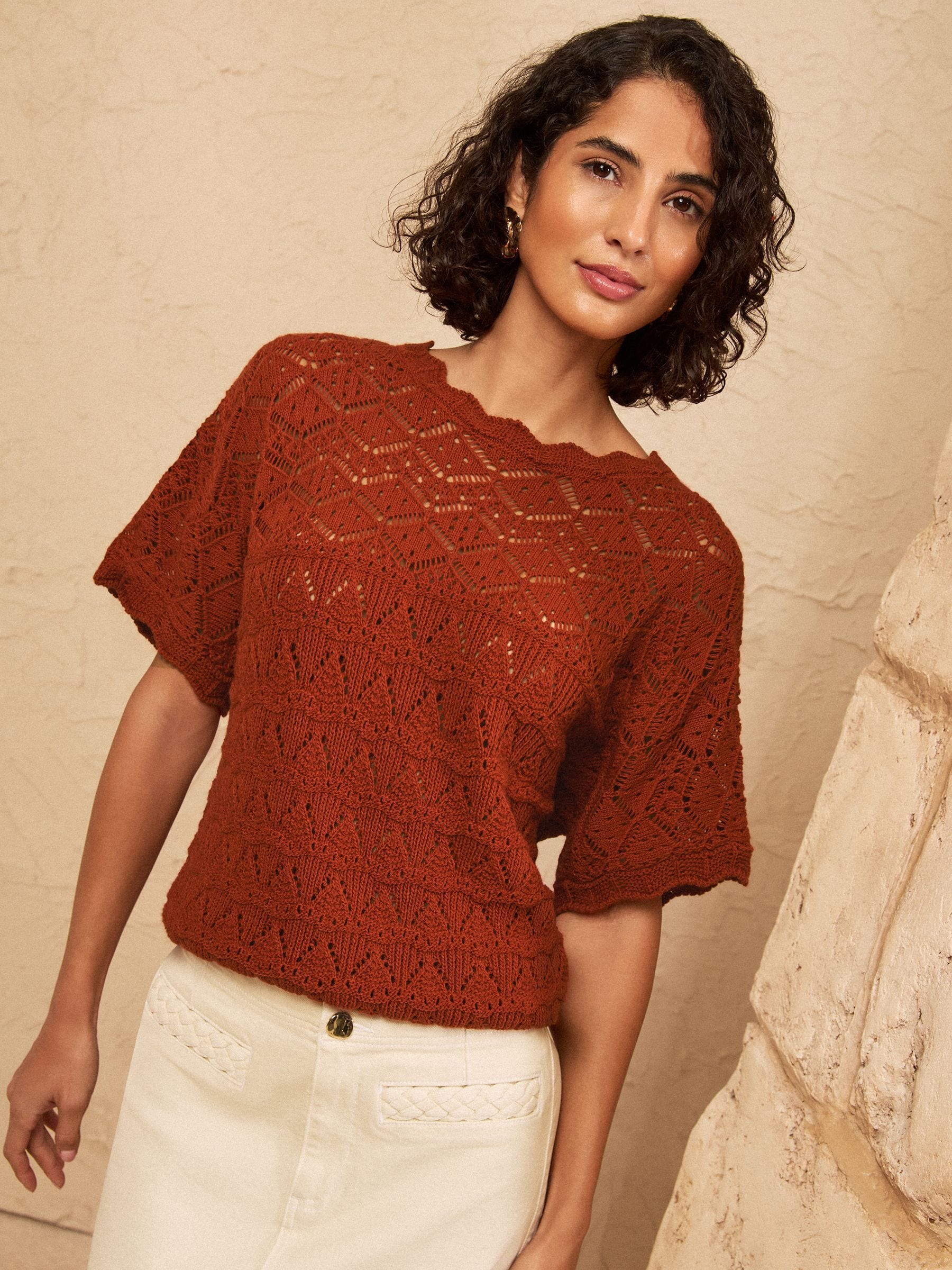 Buy Love & Roses Rust Orange Crochet Scallop Detail Knitted