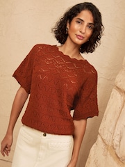 Love & Roses Rust Orange Crochet Scallop Detail Knitted Batwing Top - Image 4 of 4