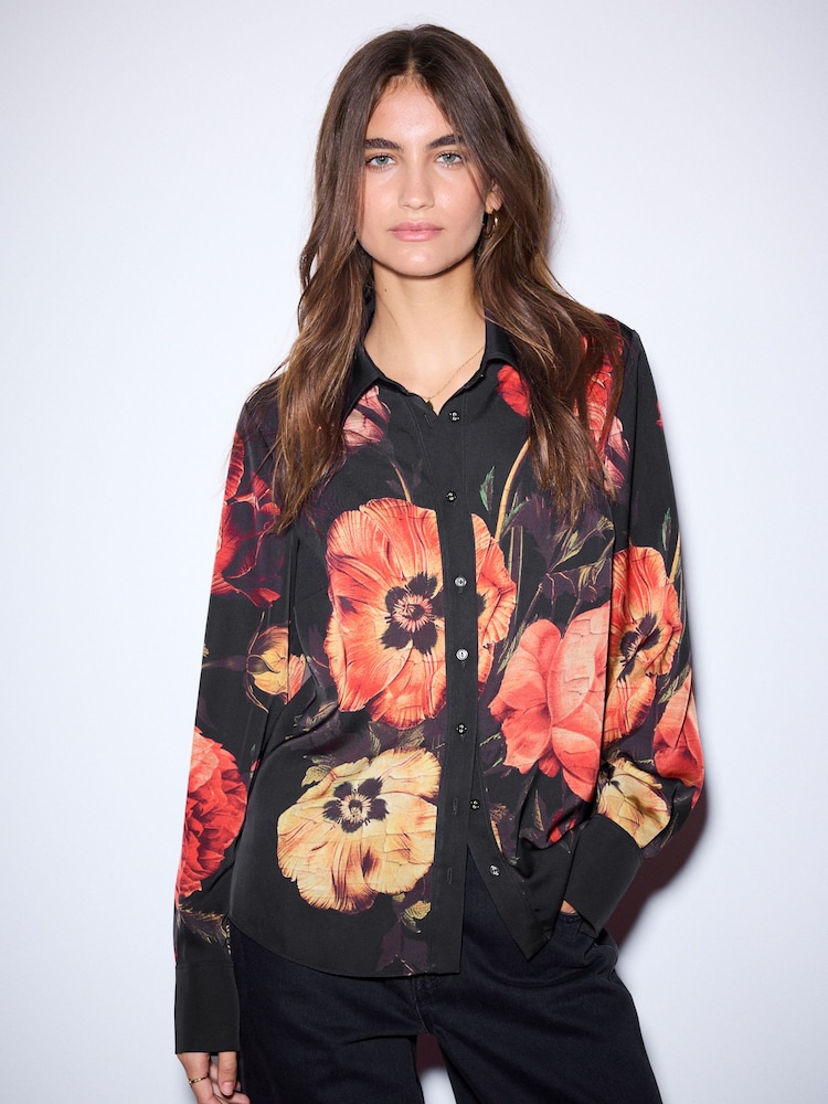 Black Floral Print Long Sleeve Shirt - Image 1 of 7 Black Floral Print Long Sleeve Shirt - Image 1 of 7
