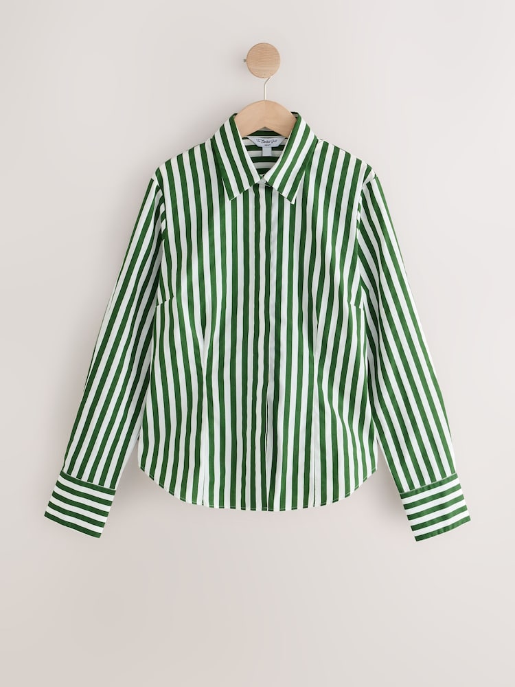 Green/White Fitted Stretch Essential Long Sleeve Shirt - Image 1 of 3 Green/White Fitted Stretch Essential Long Sleeve Shirt - Image 1 of 3