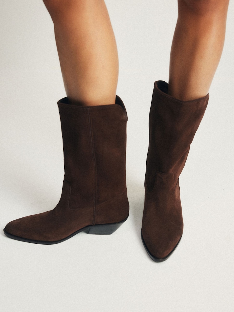 The Set Premium Suede Western Midi Boots Brown - Image 1 of 7