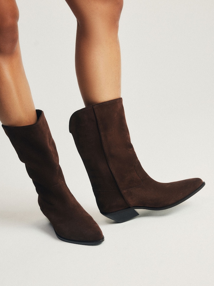 The Set Premium Suede Western Midi Boots Brown - Image 2 of 7