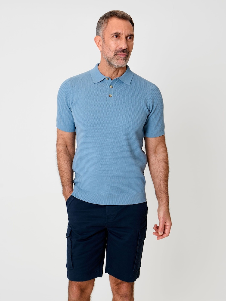 Albastru - Saltwell Textured Knit Short Sleeve Polo Shirt - Imaginea 1 din 6