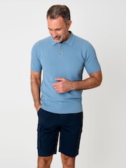 Albastru - Saltwell Textured Knit Short Sleeve Polo Shirt - Imaginea 3 din 6