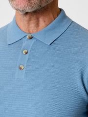 Albastru - Saltwell Textured Knit Short Sleeve Polo Shirt - Imaginea 4 din 6