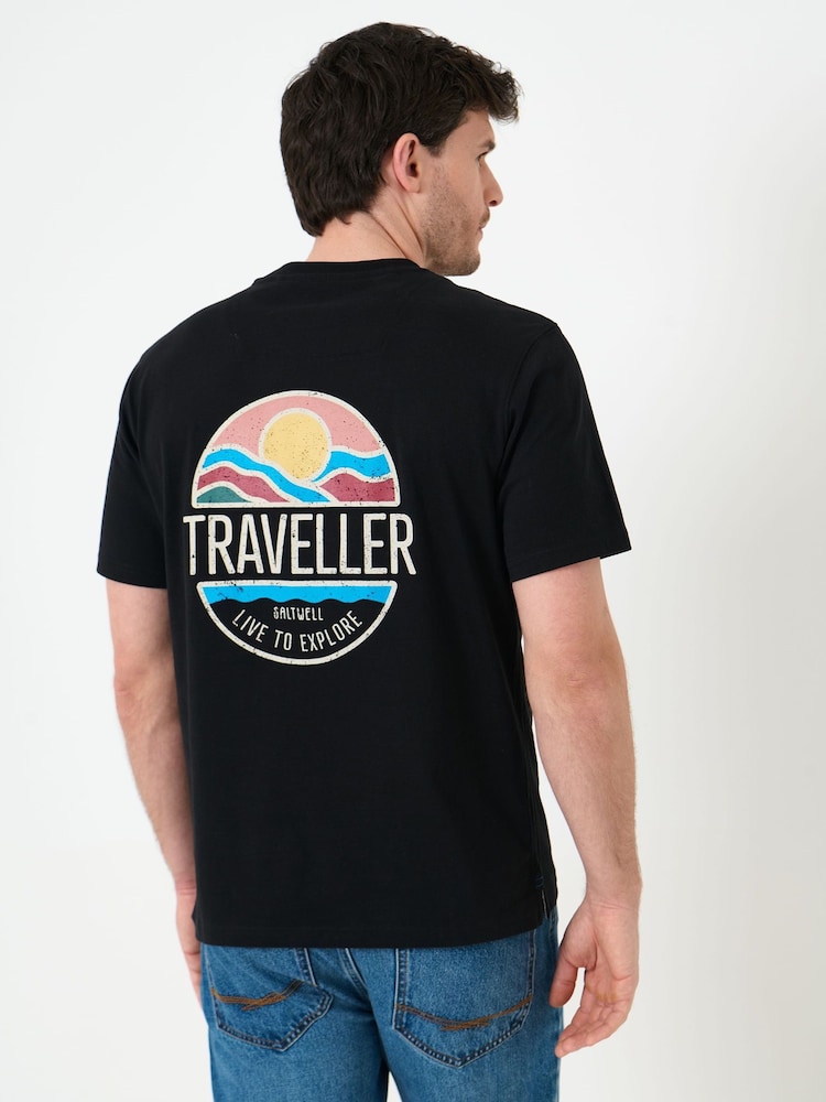 Saltwell Black Traveller Print Cotton T-Shirt - Image 1 of 6