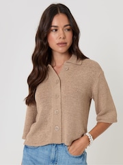 Threadbare Brown Knitted Yarn Button Up Polo Shirt - Image 1 of 5