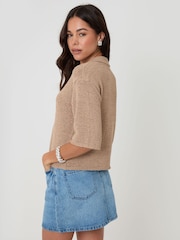 Threadbare Brown Knitted Yarn Button Up Polo Shirt - Image 2 of 5