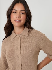 Threadbare Brown Knitted Yarn Button Up Polo Shirt - Image 3 of 5