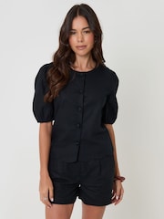Threadbare Black Linen Blend Puff Sleeve Top - Image 1 of 5