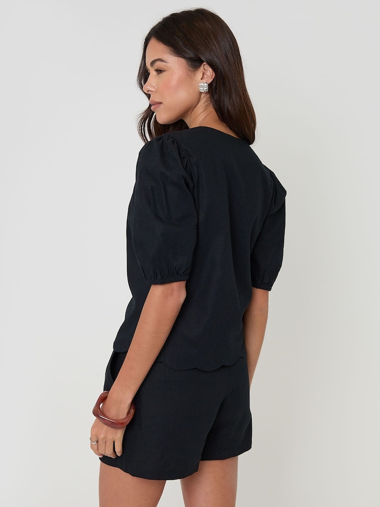 Threadbare Black Linen Blend Puff Sleeve Top - Image 2 of 5