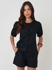 Threadbare Black Linen Blend Puff Sleeve Top - Image 3 of 5