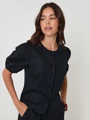 Threadbare Black Linen Blend Puff Sleeve Top - Image 4 of 5