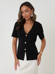 Threadbare Black V-Neck Compact Knitted Top - Image 1 of 4