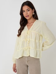 Threadbare Yellow Long Sleeve Tie Front Blouse - Image 4 of 5