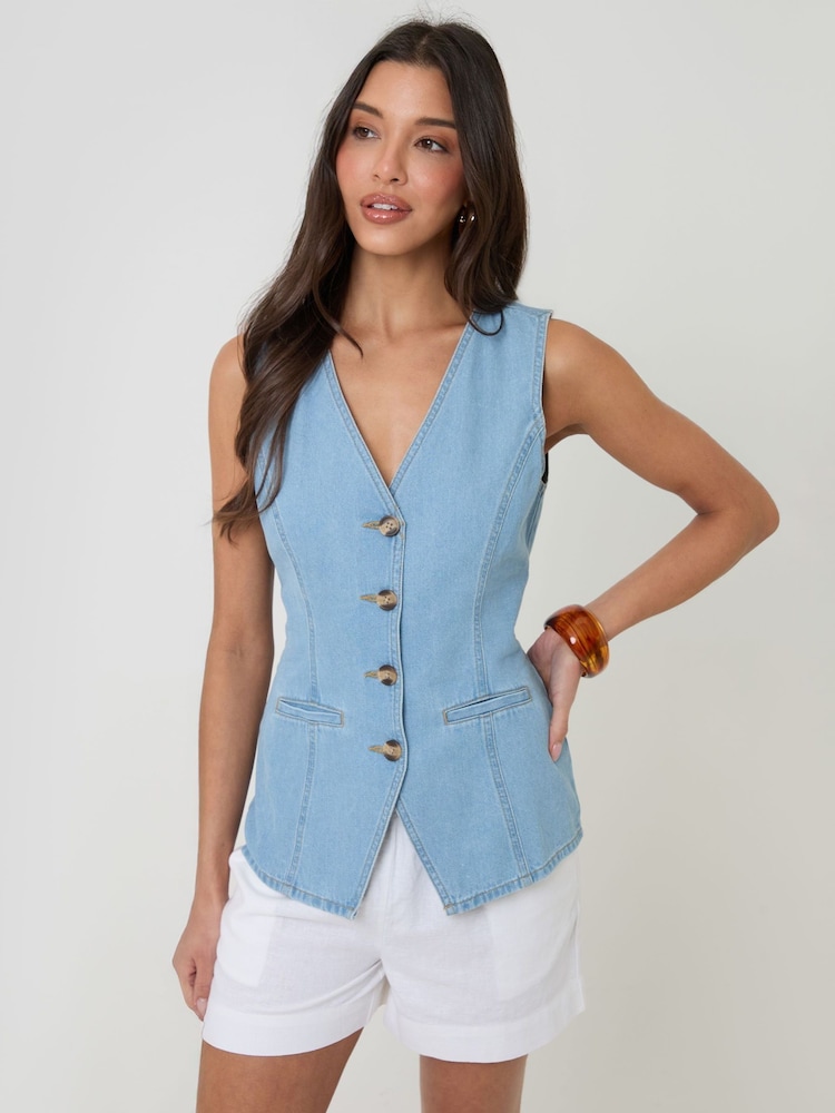 Threadbare Light Wash Denim Longline V-Neck Waistcoat - Image 1 of 4