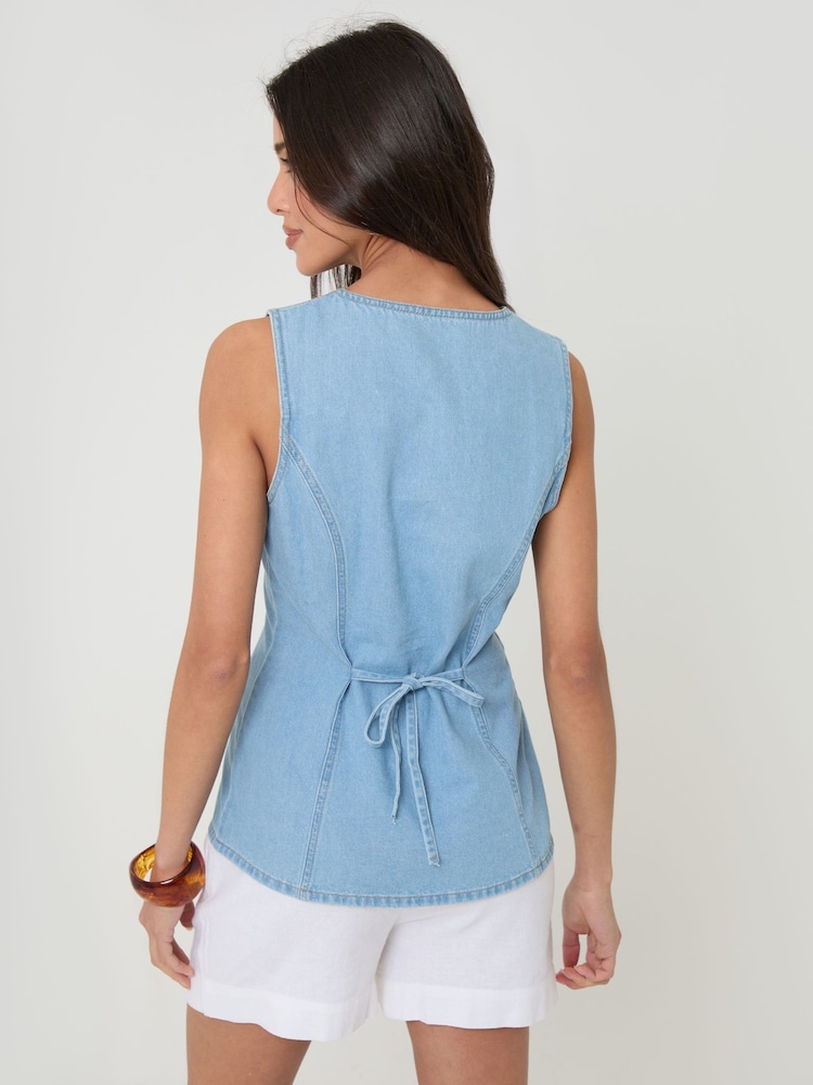 Threadbare Light Wash Denim Longline V-Neck Waistcoat - Image 2 of 4